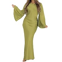 Women's Long Sleeve Solid Color Round Neck Bell Sleeve Long Dress Dress Formal Wraps