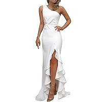 Womens One Shoulder Sleeveless Empire Waist Ruffle Asymmetrical High Low Bodycon Formal Wedding Guest Midi Dresses