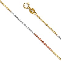 The World Jewelry Center 14k REAL Yellow OR White OR Rose/Pink OR Tri Color Gold Solid 1.2mm Singapore Chain Necklace with Spring Ring Clasp