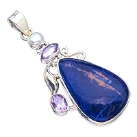 StarGems Natural Navy Sodalite&Amethyst And River Pearl Handmade 925 Sterling Silver Pendant 2 1/4