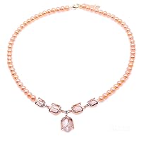 JYX Pearl Floral Pendant Necklace Fashion 7mm Pink Freshwater Cultured Pearl Necklace for Women 19