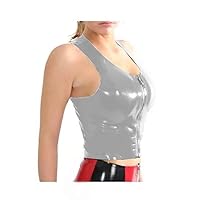 Plus Size Front Zipper Sleeveless Crop Top Ladies PVC Wetlook Dancing Tank Top (Silver,M)