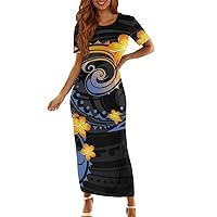 Womens Puletasi Samoan Dress Polynesian Tribal Tatau Print Short Sleeve Top Skirt Two Piece Outfits