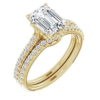 Petite Accented Vine Moissanite Diamond Ring Set, 1 CT Emerald Moissanite Engagement Ring Set, Wedding Ring Set, Bridal Ring, Promise/Anniversary Rings for Wife, Gorgeous Rings