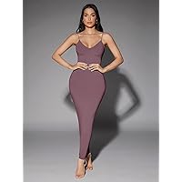 Easter Dress for Women Solid Backless Bodycon Dress (Color : Dusty Purple, Size : XS)