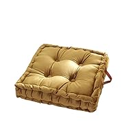 Tufted Thick Square Seat Cushion,Soft Cotton Filled Chair Cushion with Leather Handle and Button,Solid Color Velvet Chair Pad for Tatami Window Yellow 42x42cm