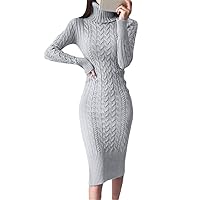 Winter Thicken Turtleneck Sweater Maxi Dresses Women Bodycon Knitted Solid Color Knitwear Dress