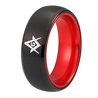 Classic 8mm Black and Red Inside Men's Tungsten Carbide Ring Brushed Masonic Compass Square Free Mason-Free Customize Engraving