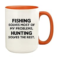 Fishing Solves Most Of My Problems, Hunting Solves The Rest. - 15oz Ceramic Colored Handle and Inside Coffee Mug Cup, Orange