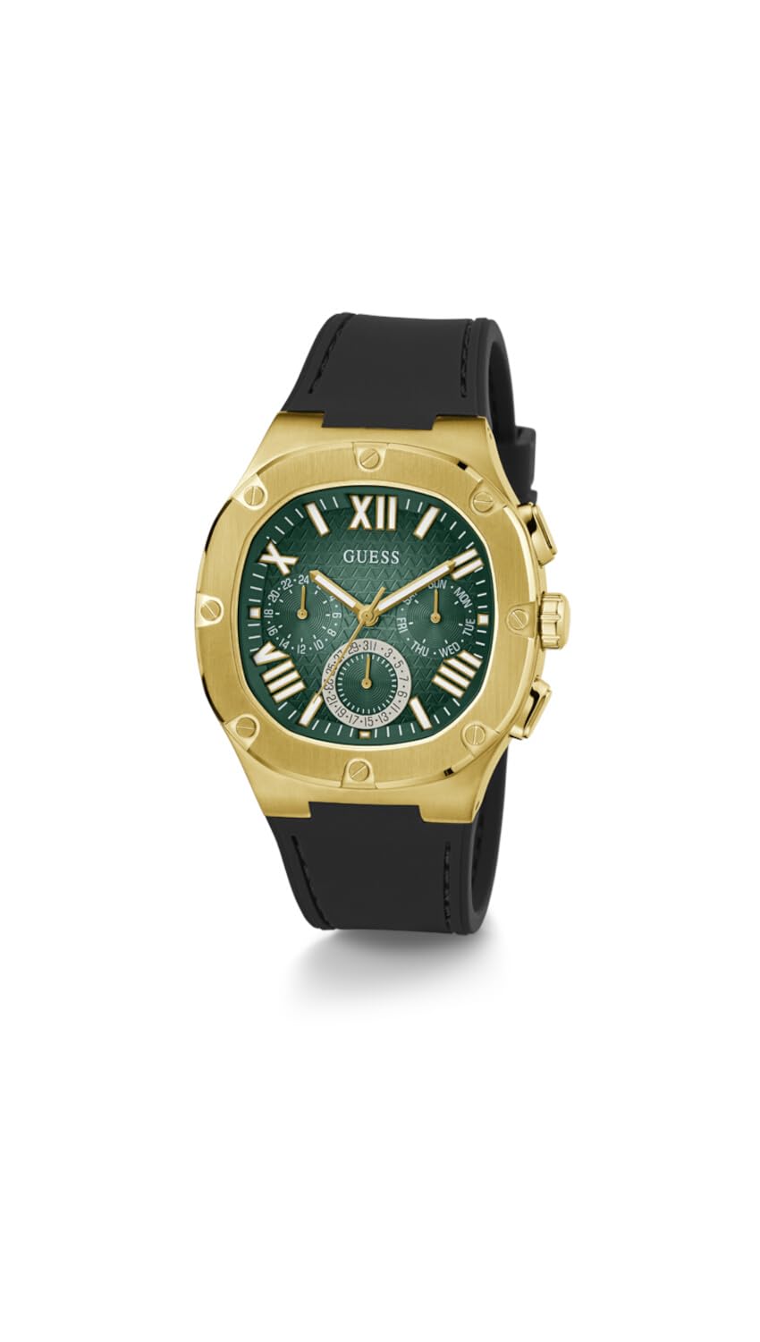 GUESS Men's 42mm Watch - Black Strap Green Dial Gold Tone Case