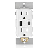 Leviton T5634-W 60W (20V@2.5A+ 5V@2A) USB Dual Type A/Type-C Power Delivery in-Wall Charger with 15A Tamper-Resistant Outlet, USB Charger for Smartphones, Tablets, Laptops, White