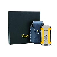 Cigar Lighter + Leather Case Windproof Butane Quadruple Torch Jet Blue Flame Cigarette Lighter for Cigar Cooking BBQ Topsense (Yellow)