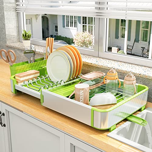 PXRACK Dish Drying Rack, Expandable(19.1-26.9) Large Capacity Dish Rack  and Drainboard Set, Stainless Steel Dish Drainers with Utensil Holder for