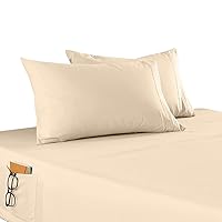 Elegant Comfort 4-Piece Solid Smart Sheet Set-Deep Pocket Fitted Sheet with Side Storage Pockets-Silky Soft 1500 Thread Count Egyptian Quality Microfiber, Wrinkle and Fade Resistant, Queen, Cream