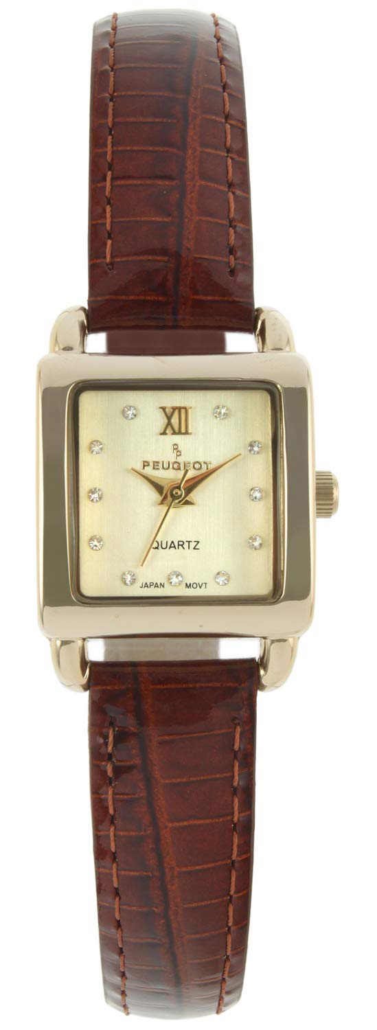 Peugeot Women's Small Square Case Crystal Marker Genuine Leather Strap Watch