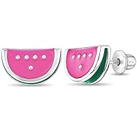 925 Sterling Silver Fuchsia Enamel Watermelon Fruit Girls Screw Back Earrings - Fruit Earrings for Toddlers, Young Girls and Pre Teens - Bright Colored Fruit Enamel Earrings