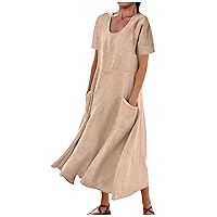 Dollar Deals Women Maxi Dress Trendy Summer Cotton Linen Dresses Casual Loose Baggy Flowy Sundress Short Sleeve Crewneck Pocket Dress Robe Sexy Khaki