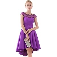 Women's High Low Cap Sleeve A-line Homecoming Dress Short Satin Lace Applique Beading Prom Gowns