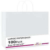 MESHA White Paper Gift Bags 16x6x12 Inch 100PC Large Shopping Bags with Handles Bulk,Mother‘s Day Gift Bags White Kraft Paper Bags, Party Bags, Recycled Paper Gift Bags