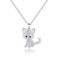 VU100 Silver Cat Necklace for Women Girls Kitty Cat Pendant Jewelry with Shiny White Crystal Cat Lover Gifts for Birthday Mother's Day Party