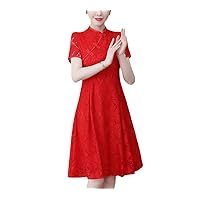 Women Short Sleeve Lace Stand Collar Slim High Waist Mini Dress Summer Chinese Solid Vintage Improved Cheongsam