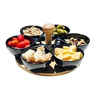 6 Melamine Appetizer Serving Bowls with Bambo turning Tray. Reusable Non Disposable plates. Partys. Kawaii, Veggie, Cute. Sectioned Platter. Vegetables. Chip And Dip, Entertaining (4.5 X1 B)