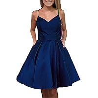 Women's Satin Suspender Skirt V-Neck Homecoming Dresses A-line Pocket Party Dress