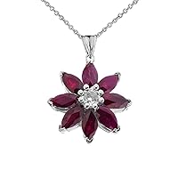 GENUINE RUBY AND DIAMOND DAISY PENDANT NECKLACE IN WHITE GOLD - Gold Purity:: 10K, Pendant/Necklace Option: Pendant With 16