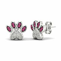 Animal Paw Stud Earrings 0.50Ct Created Sapphire & Simulated Diamonds 14k White Gold Plated 925 Sterling Silver