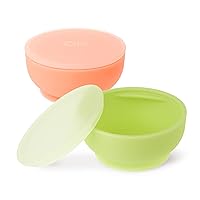 Olababy 100% Silicone Suction Bowl with Lid Bundle for Independent Feeding Baby and Toddler (Coral + Kiwi)