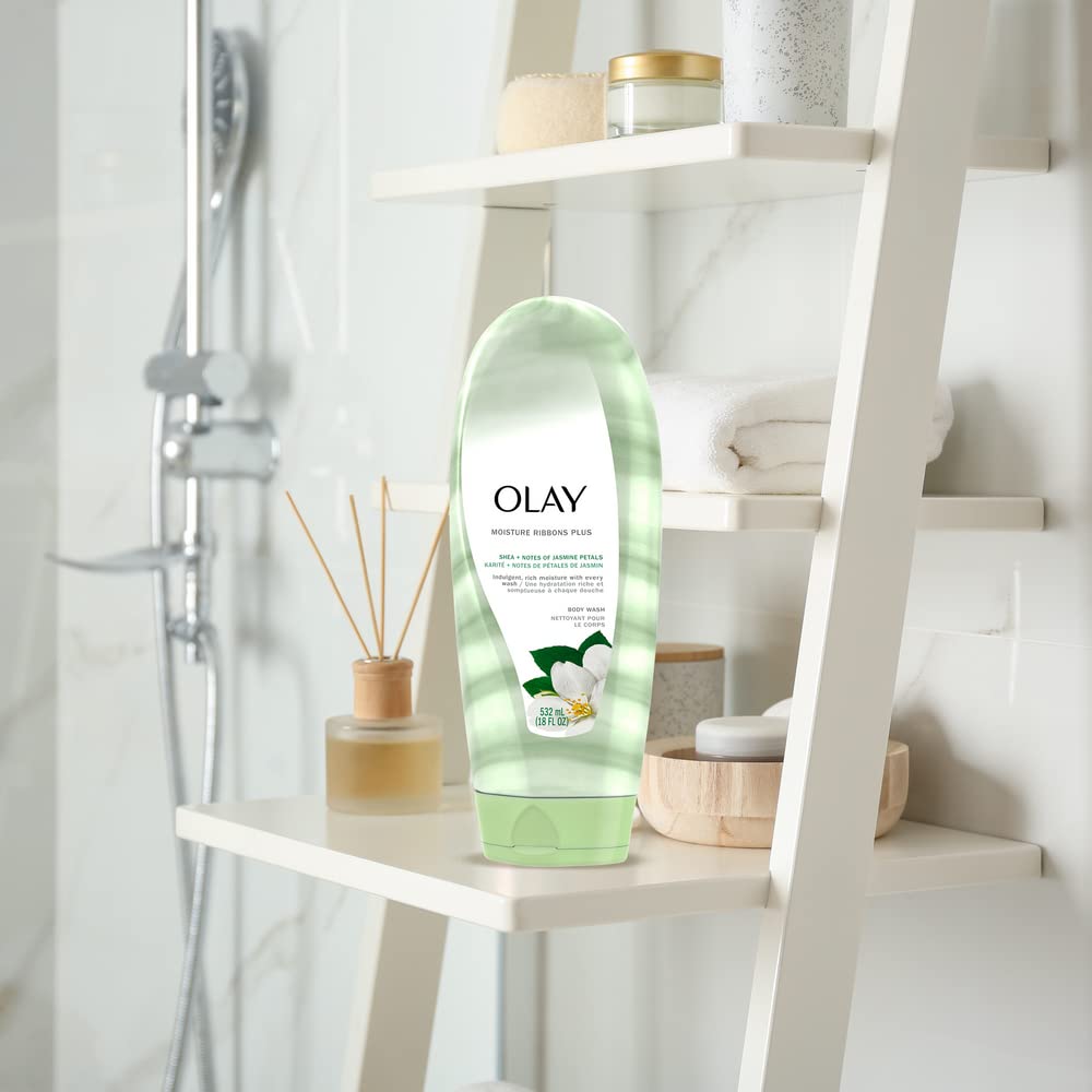 Olay Moisture Ribbons Body Wash with Shea and Notes of Jasmine Petals, 532 mL, White and Green, Pack of 1