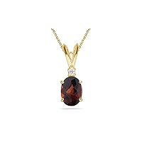 January Birthstone - Garnet One Diamond Accented Garnet Solitaire Pendant AAA Oval Checkered Shape in 14K Yellow Gold Available from 7x5mm - 14x10mm