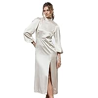 Mera Silk Women's 2023 Spring Silk Midi Dress Long Sleeve Open Back Split Wedding Cocktail Evening Dresses