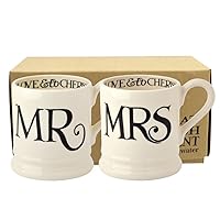 Emma Bridgewater Handmade Ceramic Black Toast Mr & Mrs Script Wedding Gift Set Of 2 Half-Pint Coffee and Tea Mugs