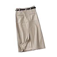 Women Long Leather Skirt Winter Euro-American Calf Length Sheepskin Slim Pencil Skirt with Belt Front Split