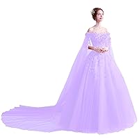 Off The Shoulder Prom Dress with Cape Beaded Lace Flower Ball Gown Wedding Dress