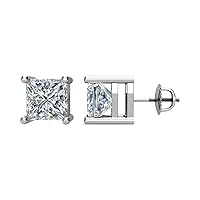 14k Gold Square Princess Diamond (I1/G-H) 4-Prong Threaded Post Wire-Basket Stud Earring Pair