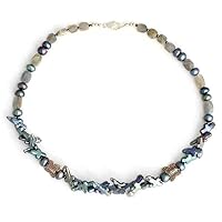 NOVICA Handmade Cultured Freshwater Pearl Labradorite Choker .925 Sterling Silver Glass Bead Grey White Beaded Thailand Animal Themed Birthstone Butterfly [16.5 in L x 0.8 in W] 'Iridescent Sky'