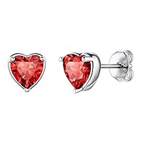 Dainty 925 Sterling Silver Birthstone Heart Crystal Necklace/Stud Earrings, Minimalist BirthStone Necklaces Earrings Jewelry for Women Girls (with Gift Box)