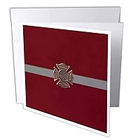 3dRose Greeting Card Metal Look Firefighter Emblem Design, Gray Ribbon Look on Red - 6 by 6-inches (gc_308924_5)