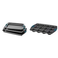 Rachael Ray Bakeware Nonstick Cookie Pan Set, 3-Piece, Gray with Marine Blue Grips & Ray Yum -o! Nonstick Bakeware 12-Cup Muffin Tin With Grips/Nonstick 12-Cup Cupcake Tin With Grips - 12 Cup, Gray