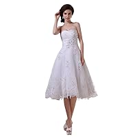 White Sweetheart Tea Length Tulle Wedding Dresses With Floral Applique