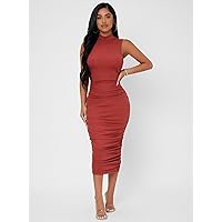 Dresses for Women Mock Neck Ruched Bodycon Dress (Color : Rusty Rose, Size : X-Small)