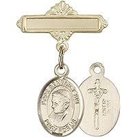 Baby Badge with Pope Benedict XVI Charm and Polished Badge Pin | 14K Gold Baby Badge with Pope Benedict XVI Charm and Polished Badge Pin - Made In USA