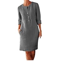 Summer Dresses for Women 2024 Casual Cotton Linen Crew Neck Midi Dress Long Sleeve Button Down Dresses with Pockets