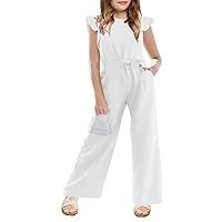 Girls Casual Jumpsuit Kids Fashion Cap Sleeve Belted Wide Leg Romper One Piece Outfits with Pockets