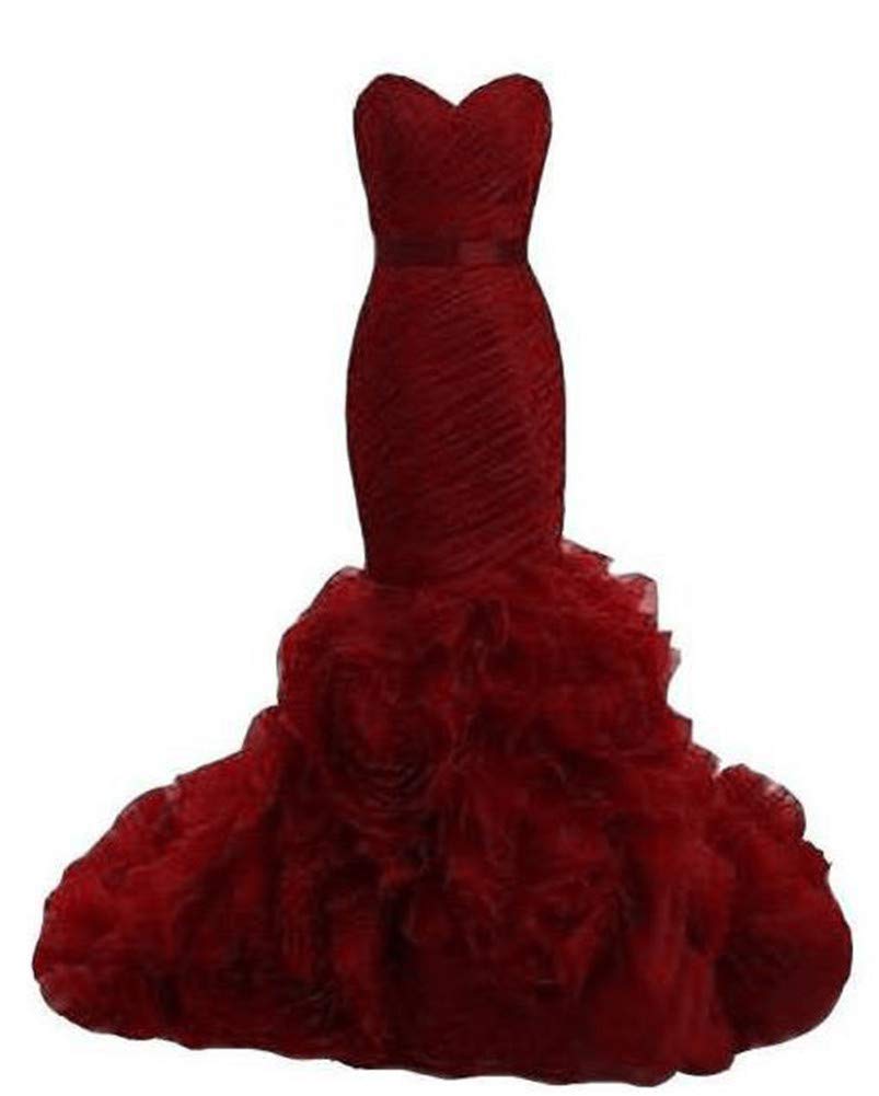 VeraQueen Women's Burgundy Mermaid Ruffles Evening Dress Sweetheart Organza Prom Dress Ball Gown
