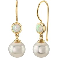 Peora 14K Yellow Gold 8mm Freshwater Cultured White Pearl and Created White Fire Opal Drop Earrings for Women, October Birthstone, Fish Hooks
