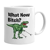Dinosaur Coffee Mug 11 oz, What Now Funny Sarcasm Dino Trex with Arm Extender Grabbies Unique Gift for Adult Men Women, White