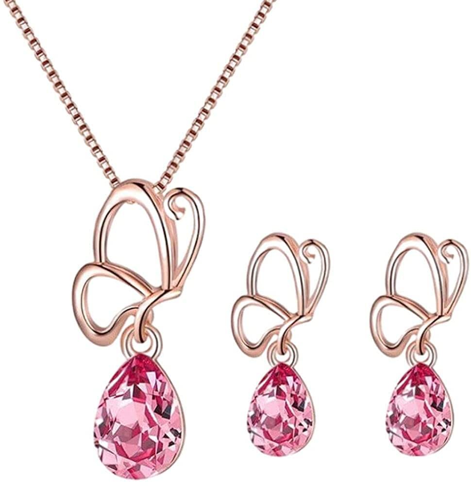 Crystal Necklace Earrings Set Rose Gold Drop Shaped Pendant Necklace Crystal Necklace And Earring Set Jewellery Sets For Women Girls 40X2.4X1 cm